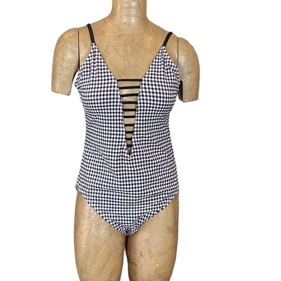 Time and Tru Black & White Gingham Check One-Piece Swimsuit L (12-14) 282G - Picture 2 of 8
